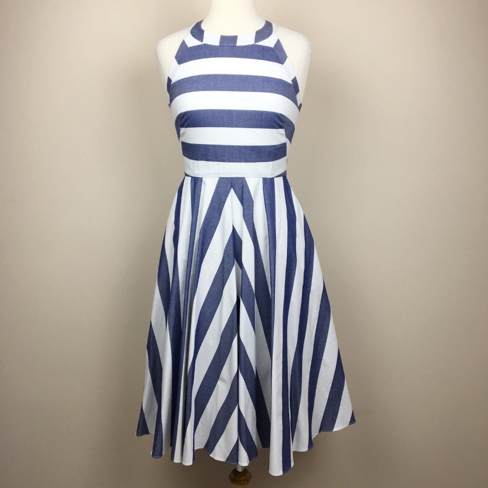 ELIZA J Cotton Striped Fit & Flare Chambray Dress - Picture 1 of 7